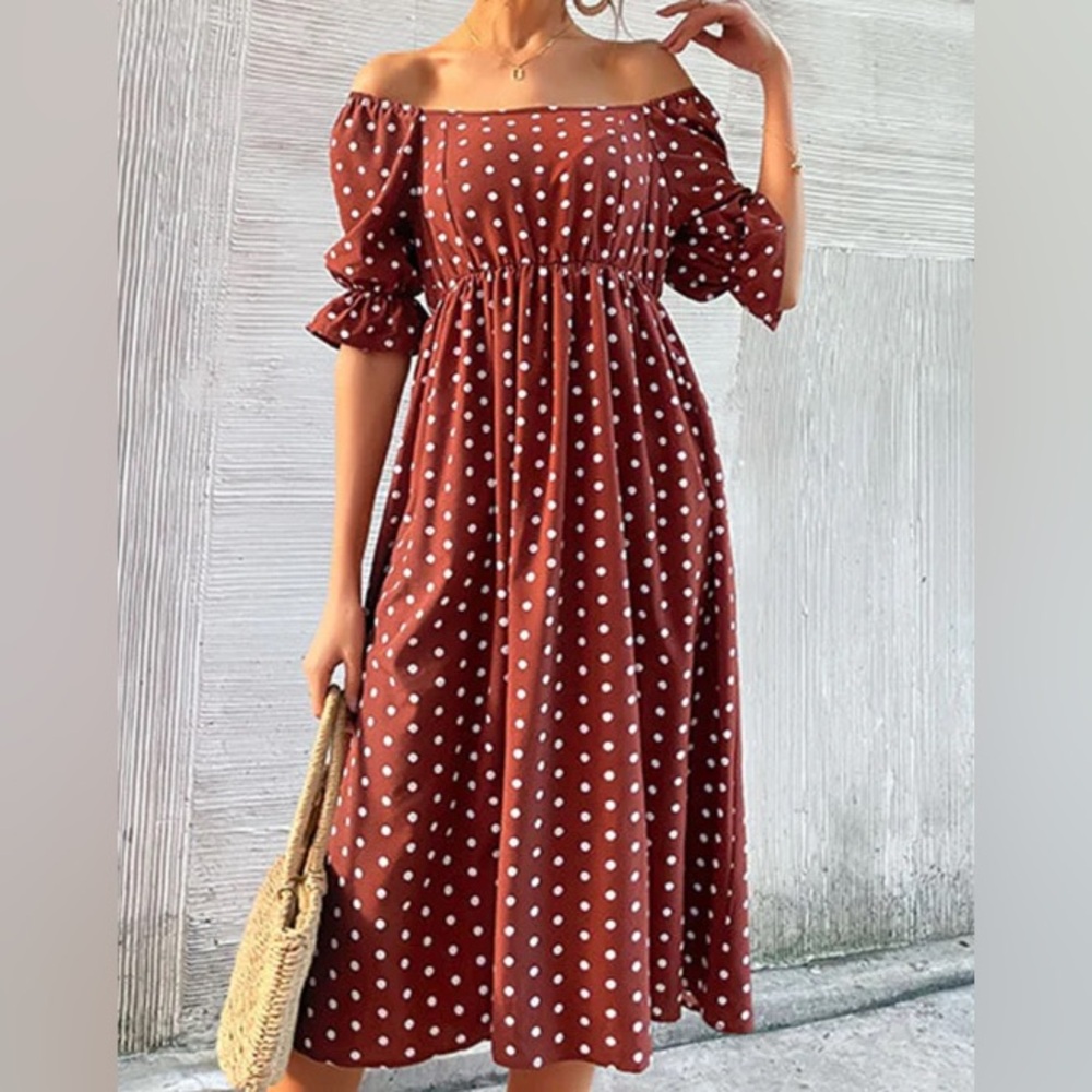 Brown and White Polka Dot Off Shoulder Maxi Dress Size L